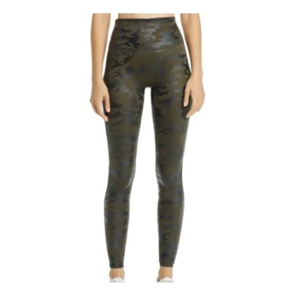 Spanx Faux Leather Green Camo Ankle Mid Rise Slimming Statement Indie Leggings